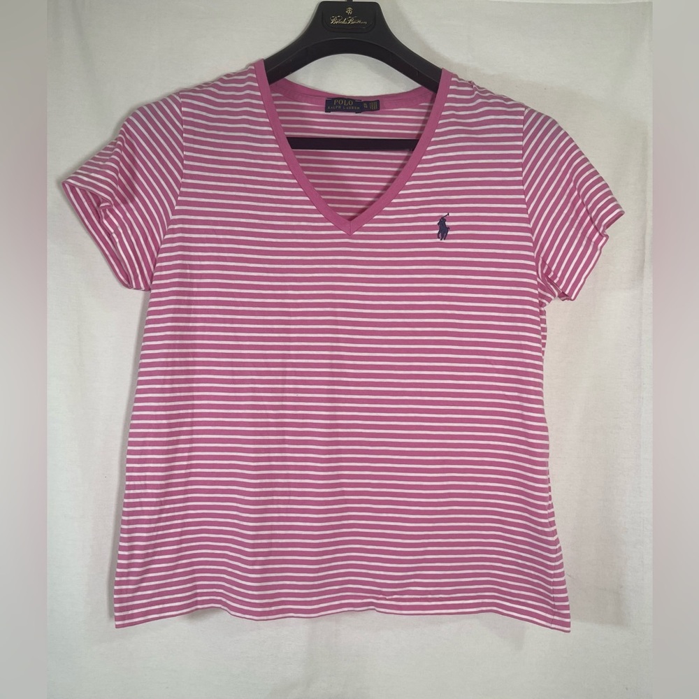 Polo Ralph Lauren • Pink & White V- Neck Tee with Navy Pony